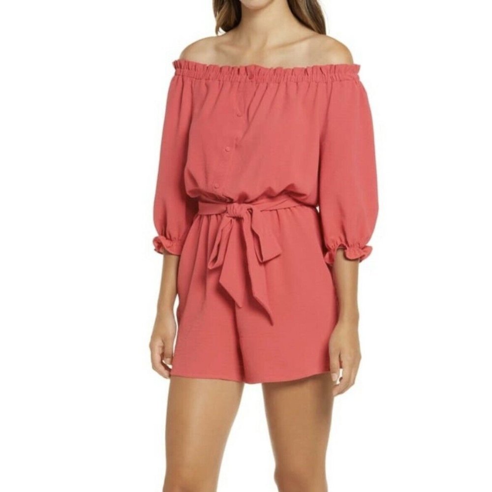 Gibson Off The Shoulder Blouson Belted Romper Barbie Pink